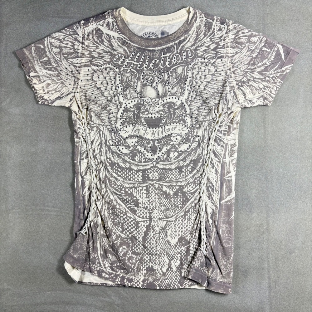 Affliction Live Fast Y2K Graphic T-Shirt Grey Rhinestone Wing Heart Braided Sz S